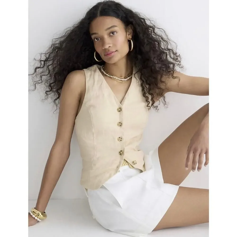 J. Crew Slim-fit Vest Top 100% Linen Natural Tan Size 12